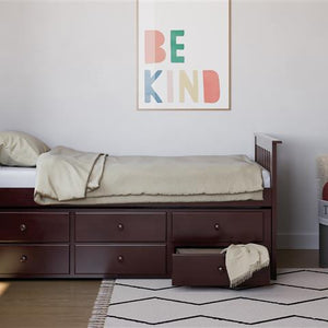 espresso twin size captains bed with open twin trundle and open drawer in nursery with 6 drawer chest