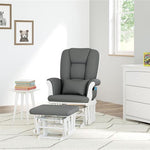 white glider and ottoman with gray cushions in nursery with 6 drawer dresser 