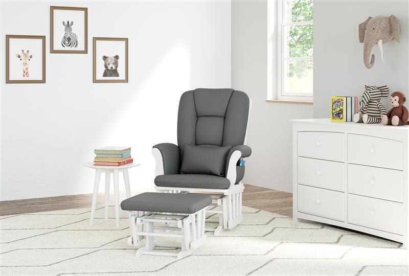 white glider and ottoman with gray cushions in nursery with 6 drawer dresser 