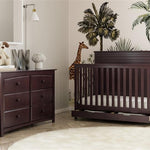 espresso 6 drawer dresser with crib in nursery