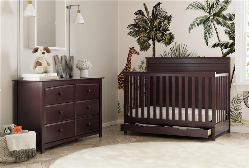 espresso 6 drawer dresser with crib in nursery