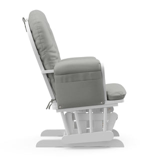 white glider with light gray cushions side view