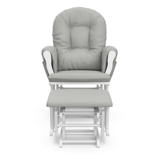 white glider and ottoman with light gray cushions front view
