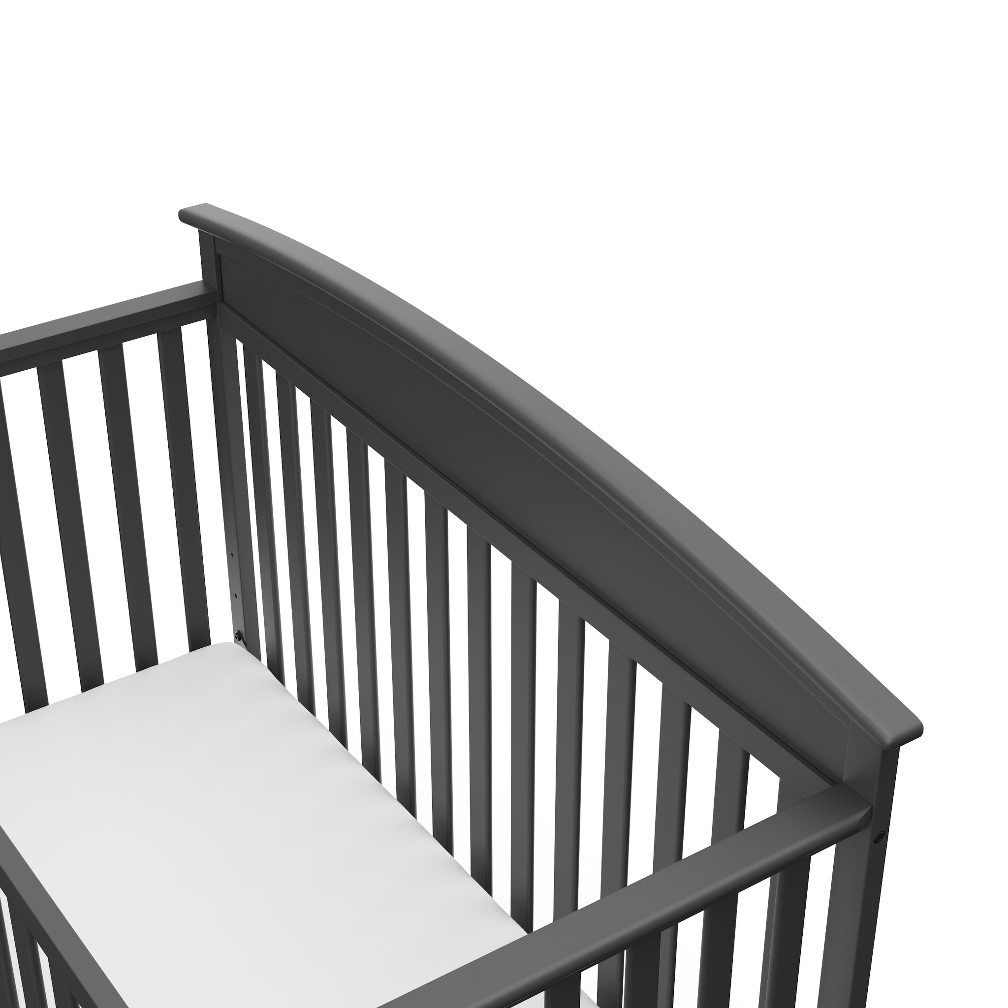 Close-up view of gray crib