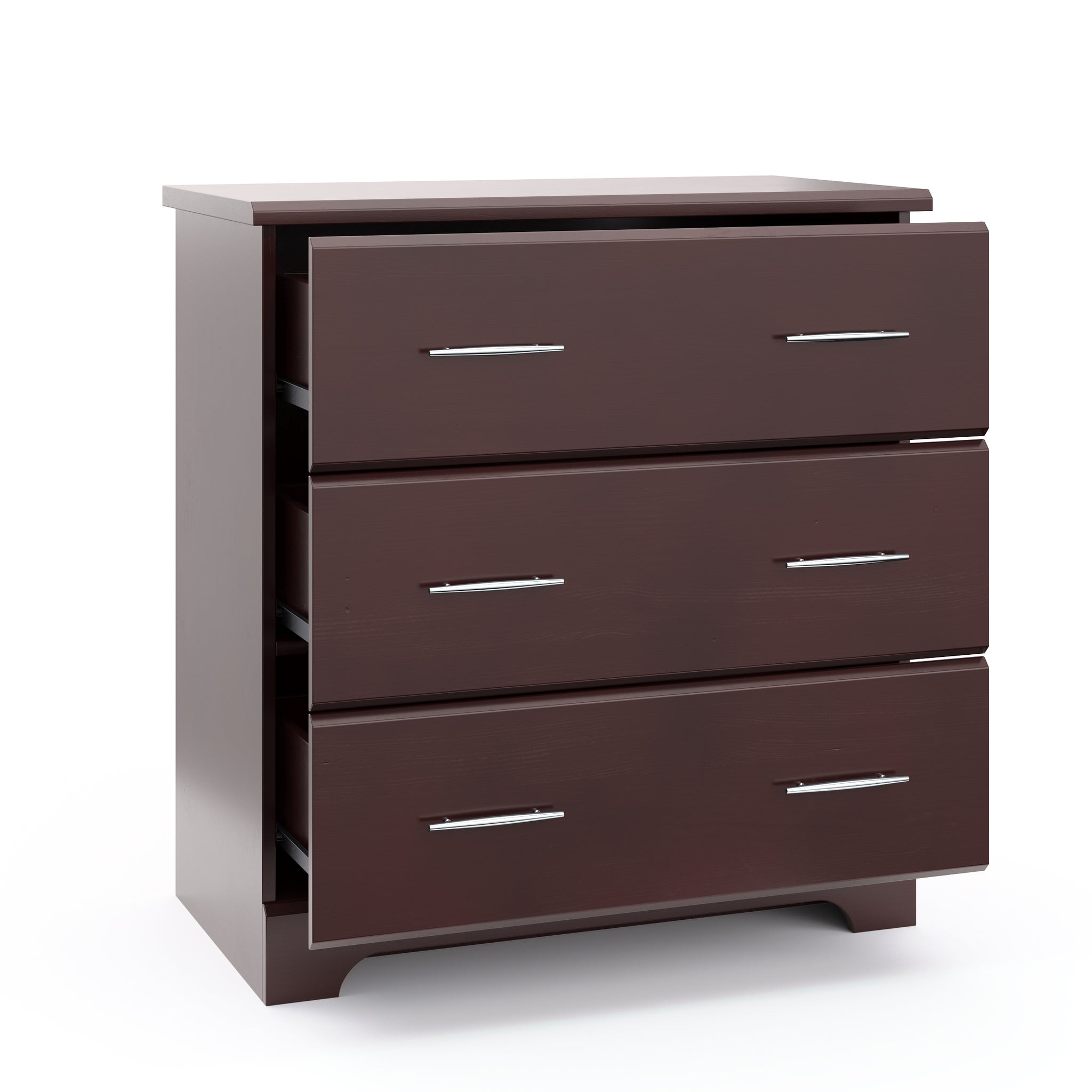 espresso 3 drawer chest with 3 open drawers
