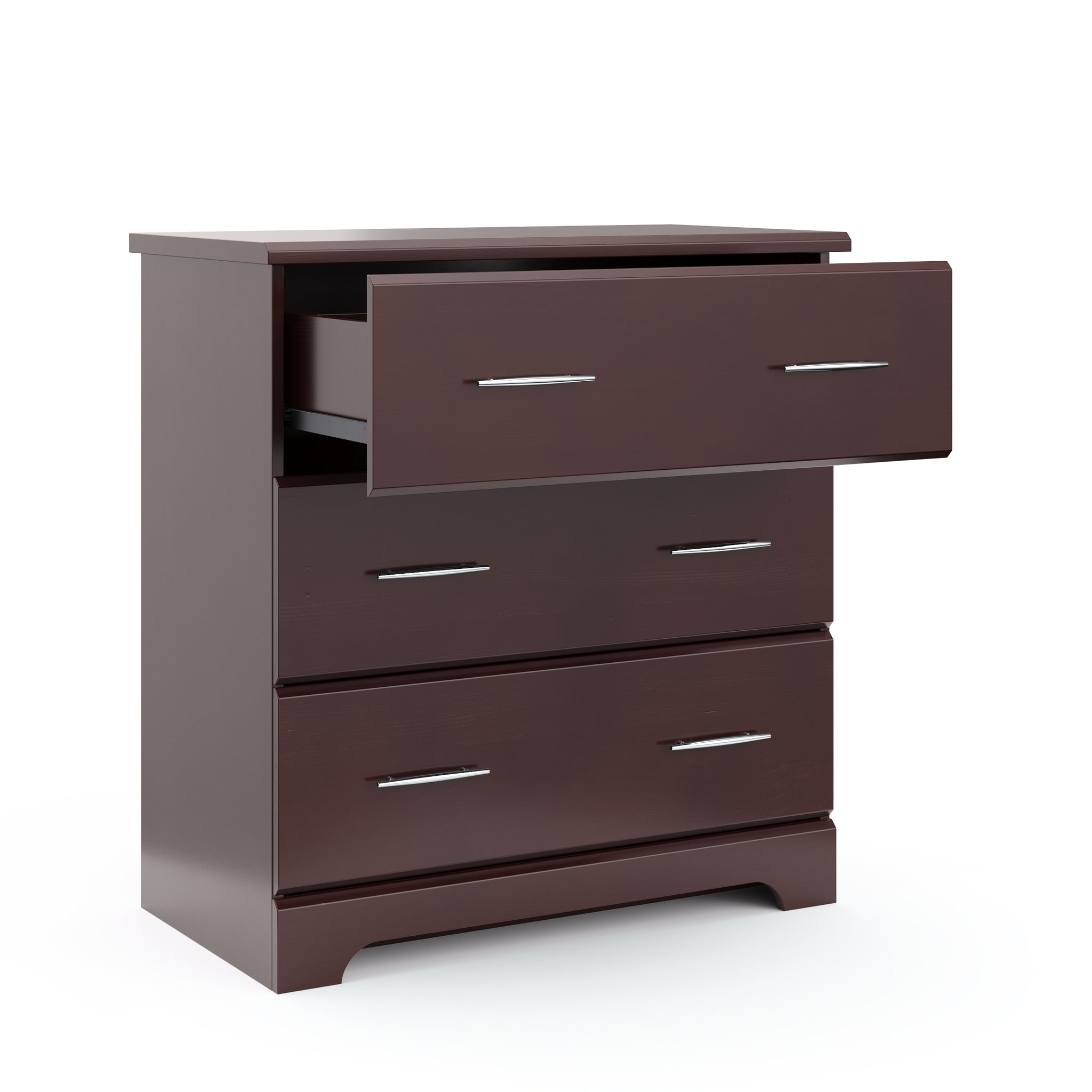 espresso 3 drawer chest with open drawer 