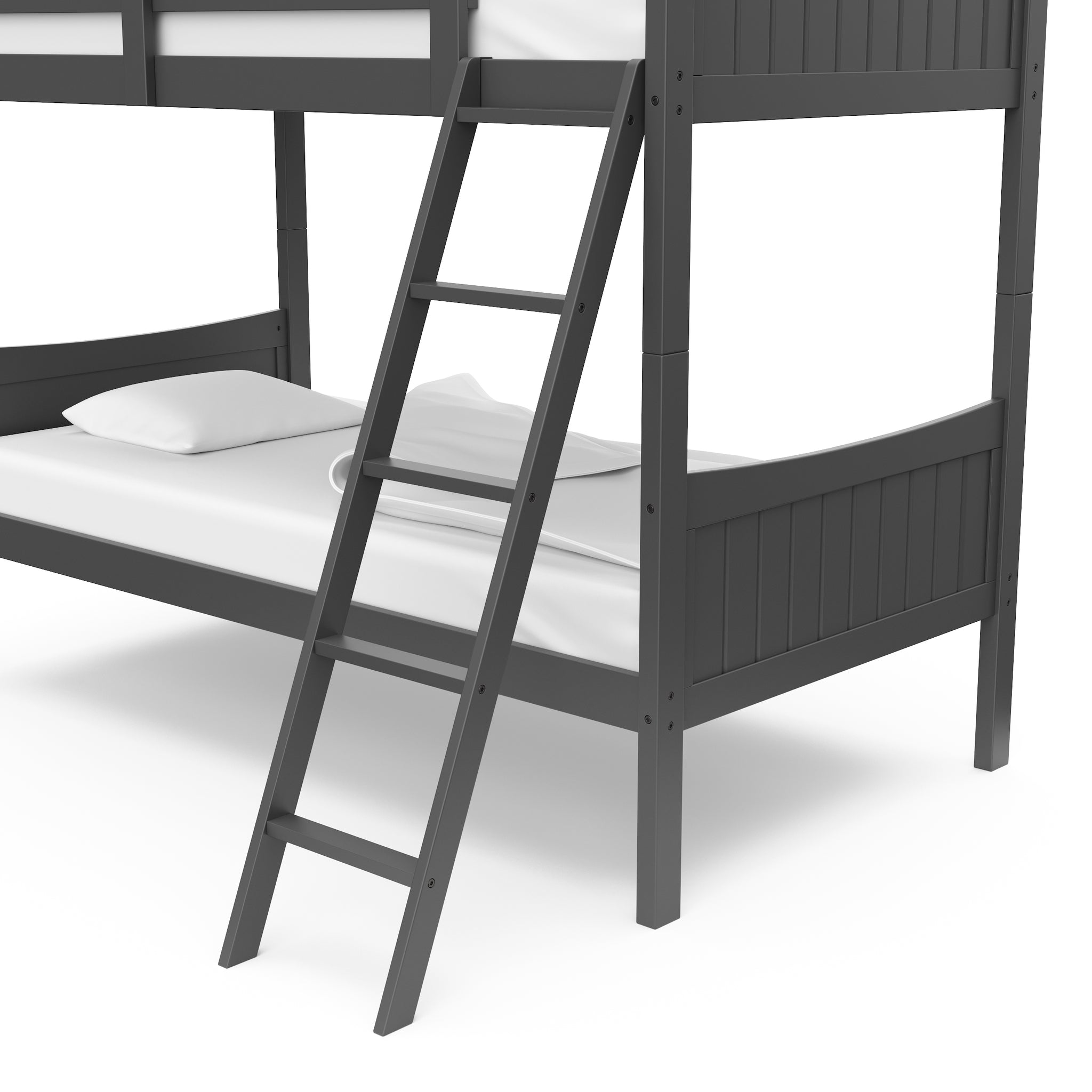 gray bottom bunk bed with close fixed ladder