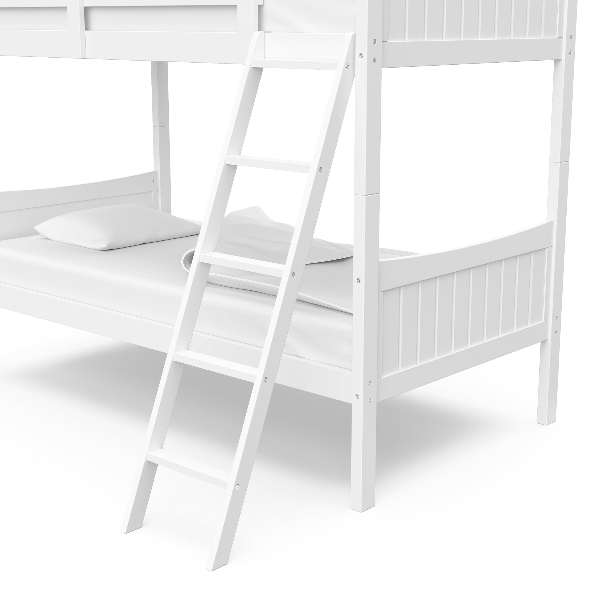 white bottom bunk bed with close fixed ladder