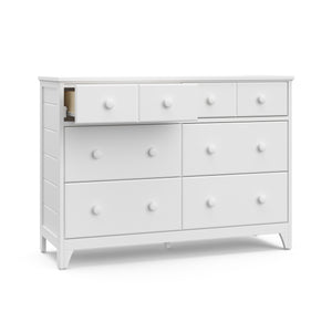 White 6 drawer dresser with open drawer 