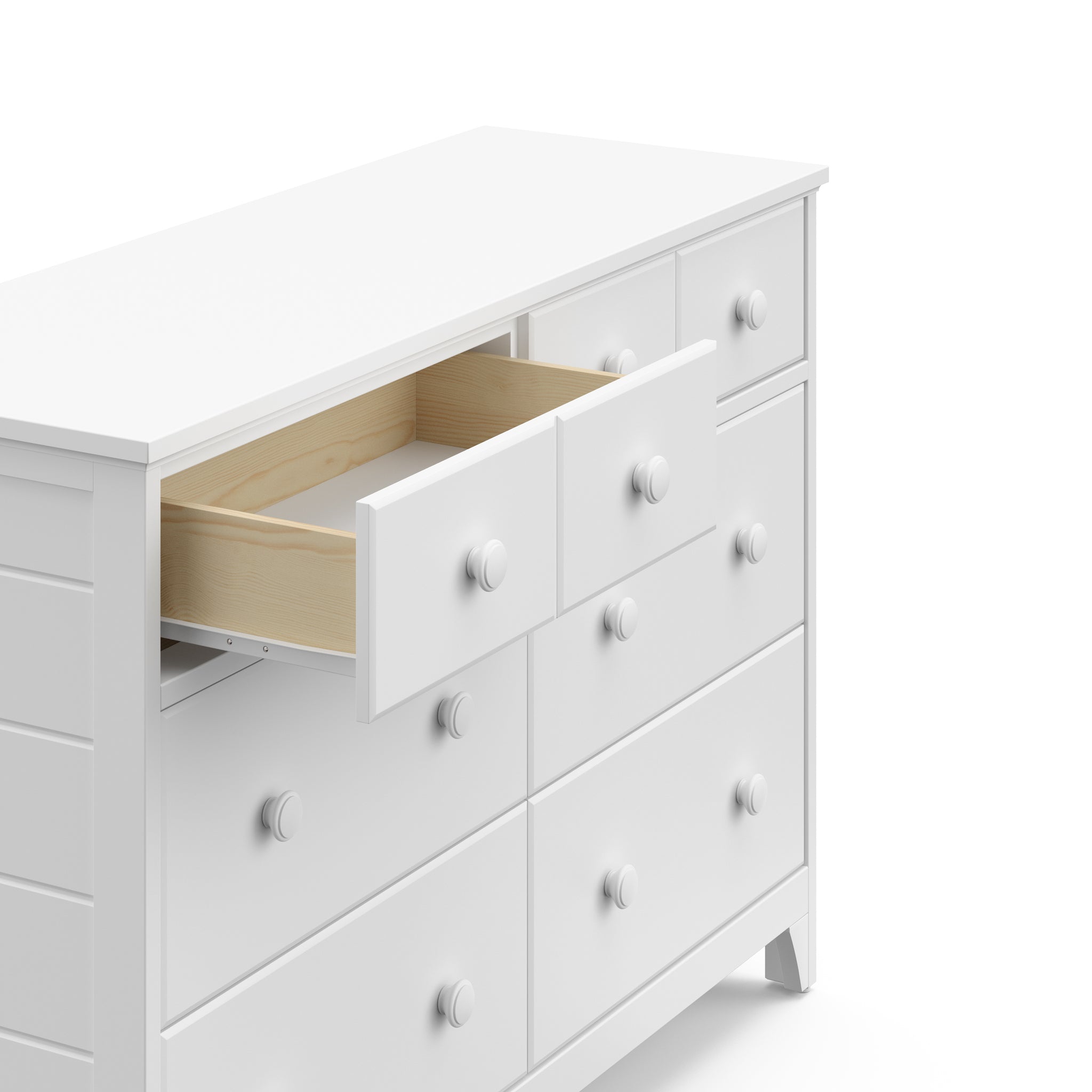 White 6 drawer dresser with open drawer angled view