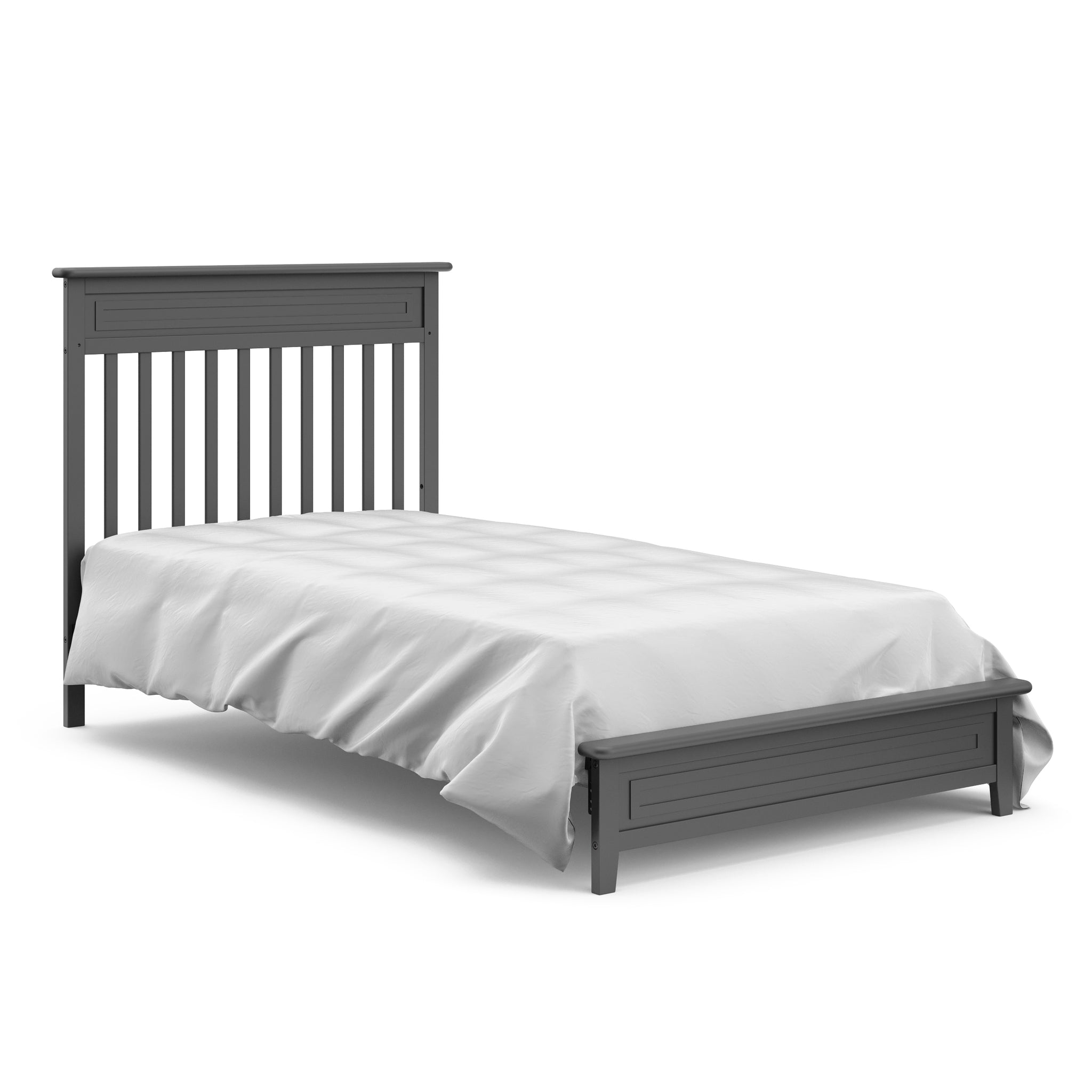 gray mini crib in twin-size bed with headboard conversion