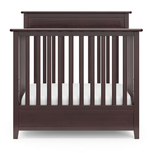 Front view of espresso mini crib 