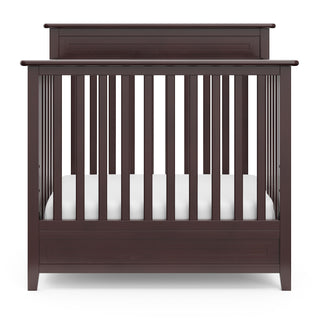 Front view of espresso mini crib 