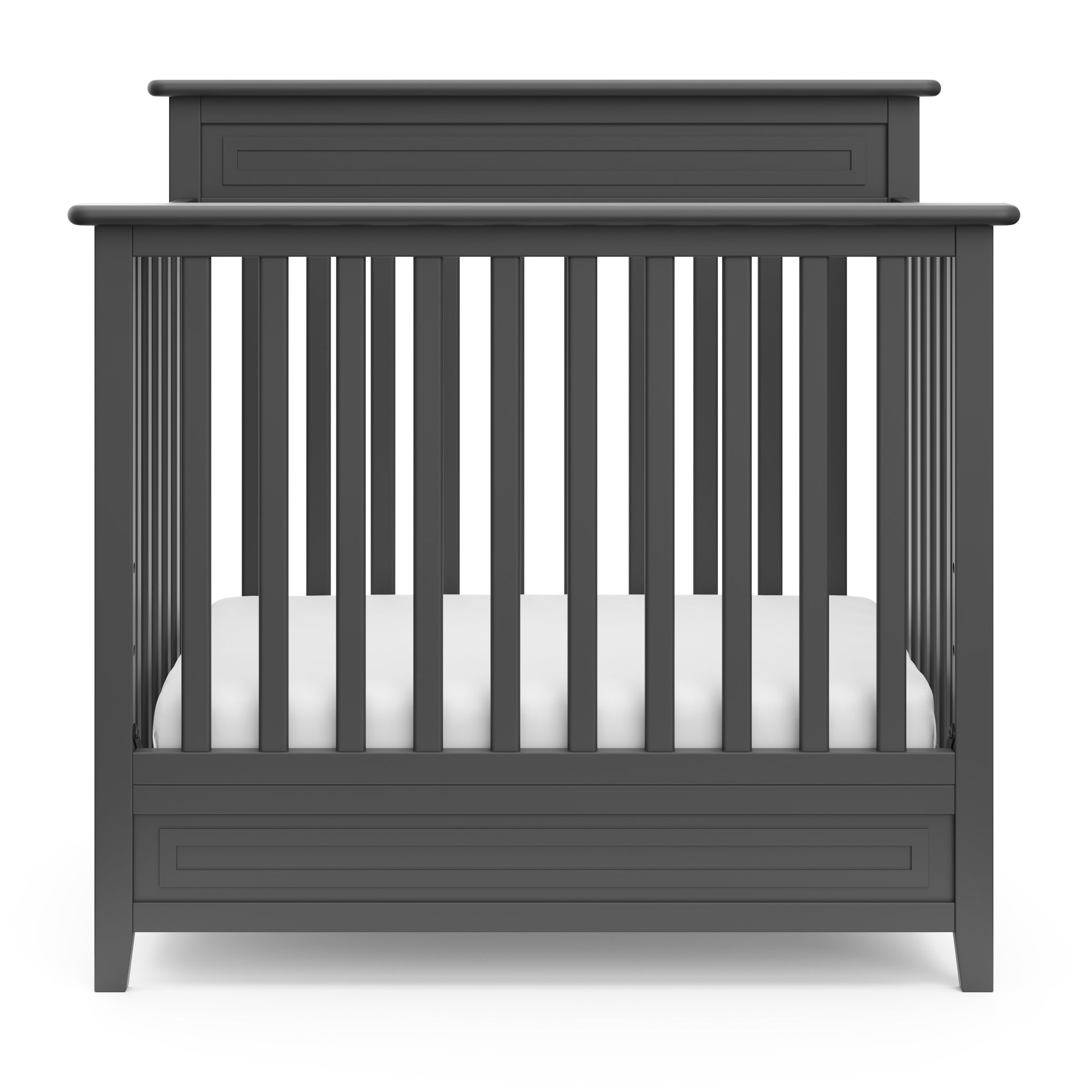Front view of gray mini crib 
