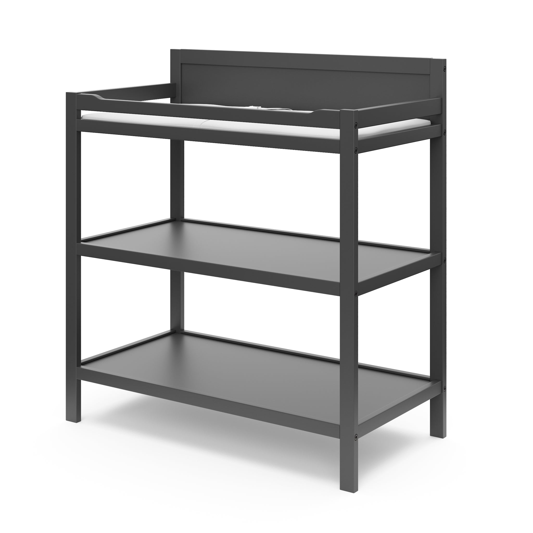 gray angled changing table with two open shelves