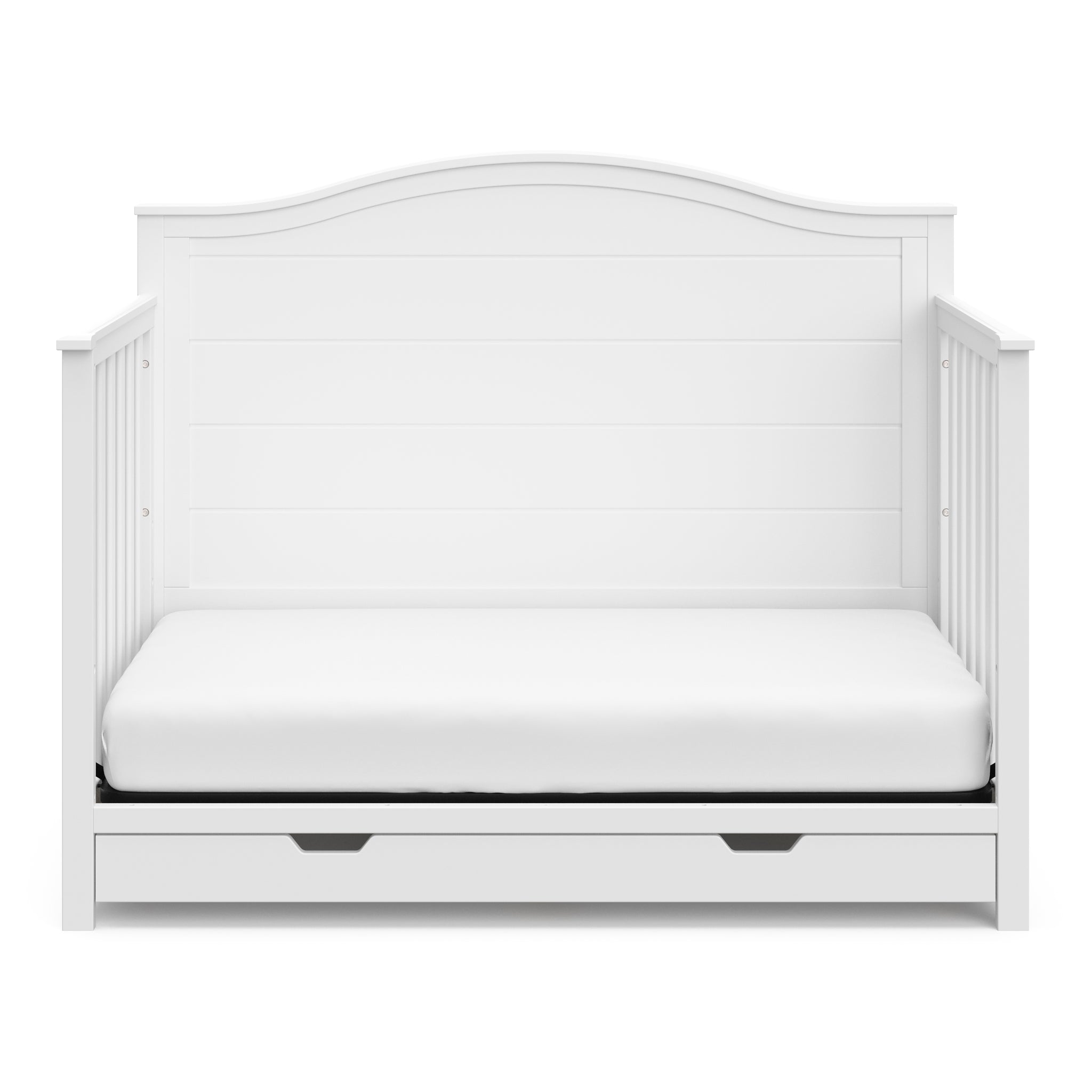White crib with drawer in toddler bed conversion