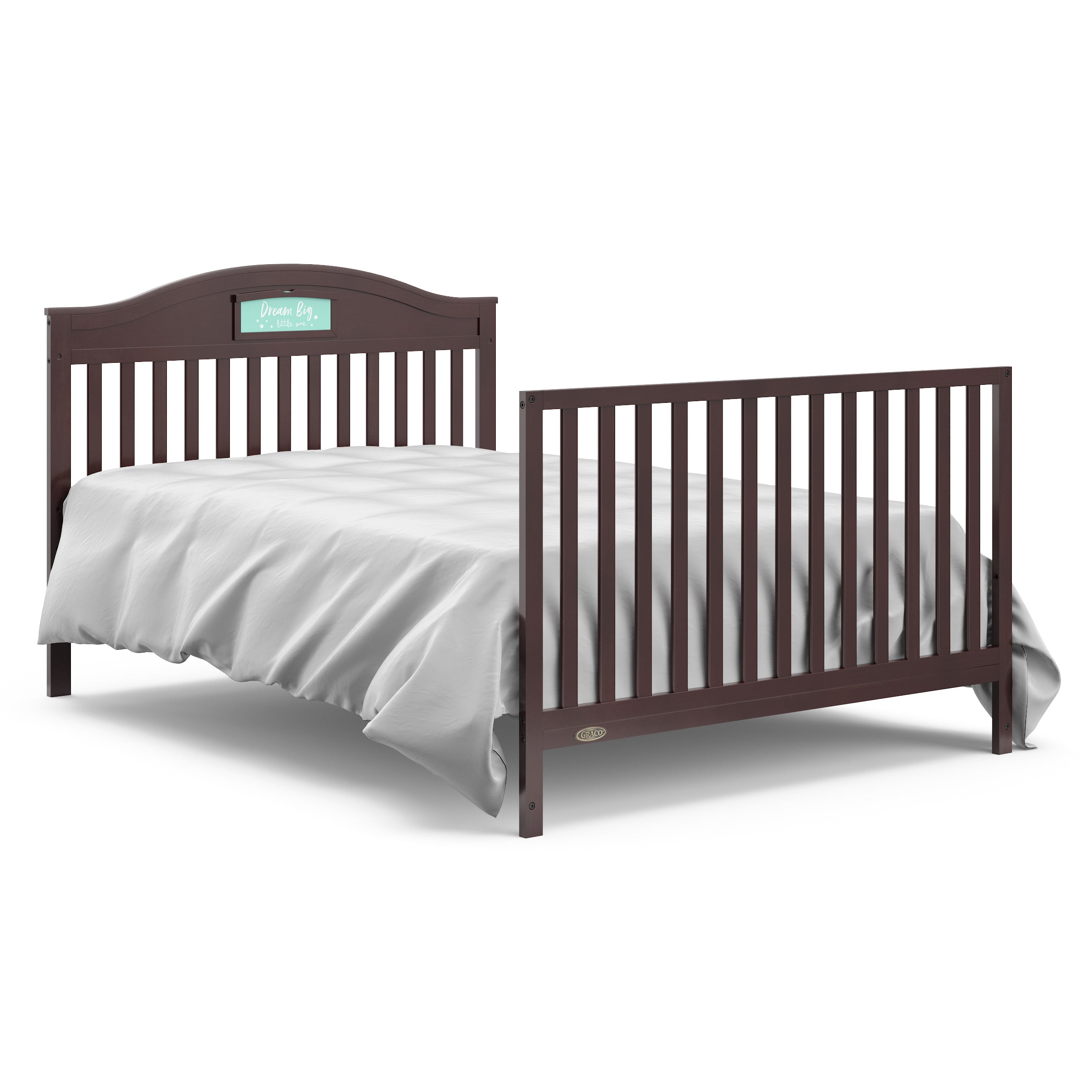 espresso crib with drawer in full-size bed with headboard and footboard conversion
