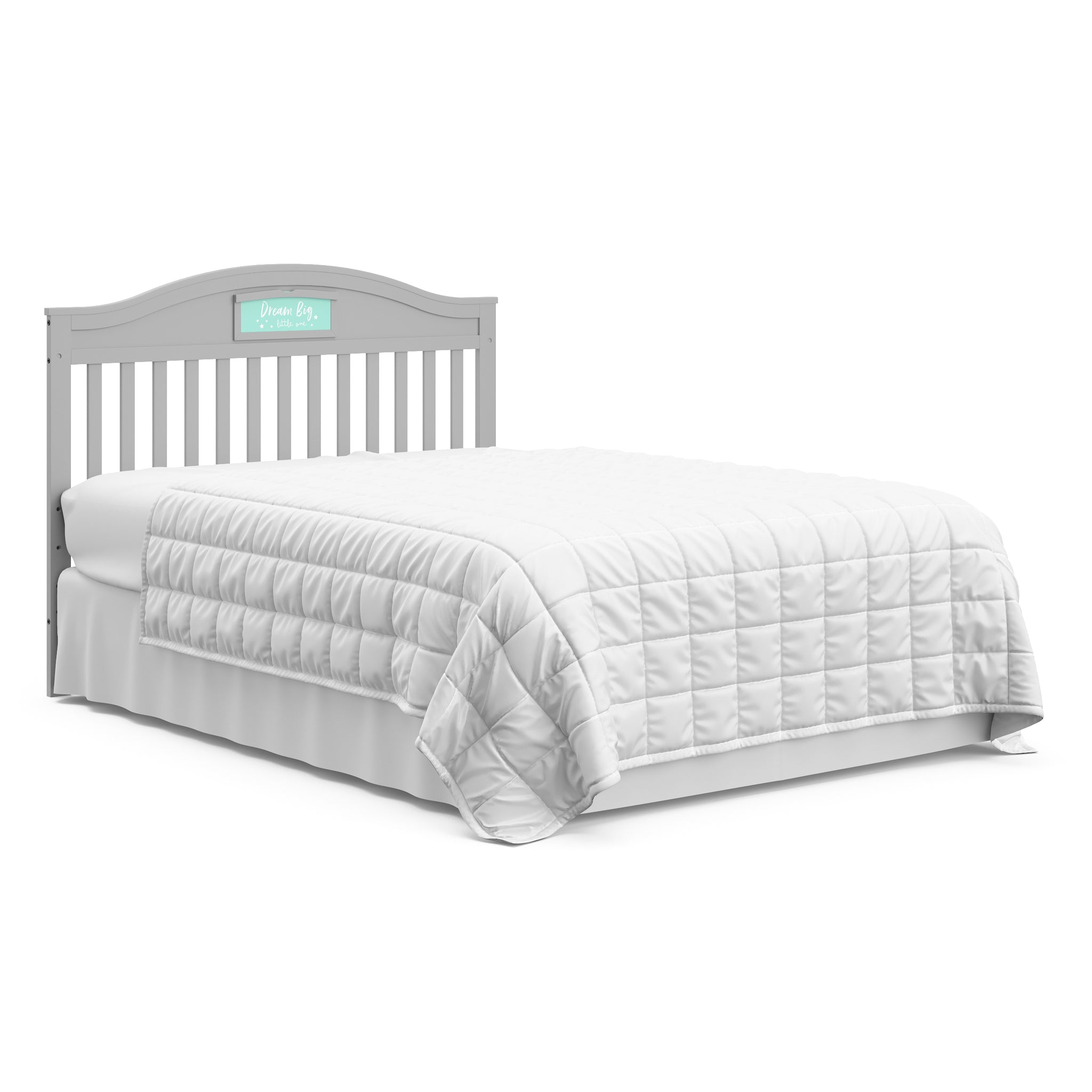 Pebble gray crib with drawer in full-size bed with headboard conversion
