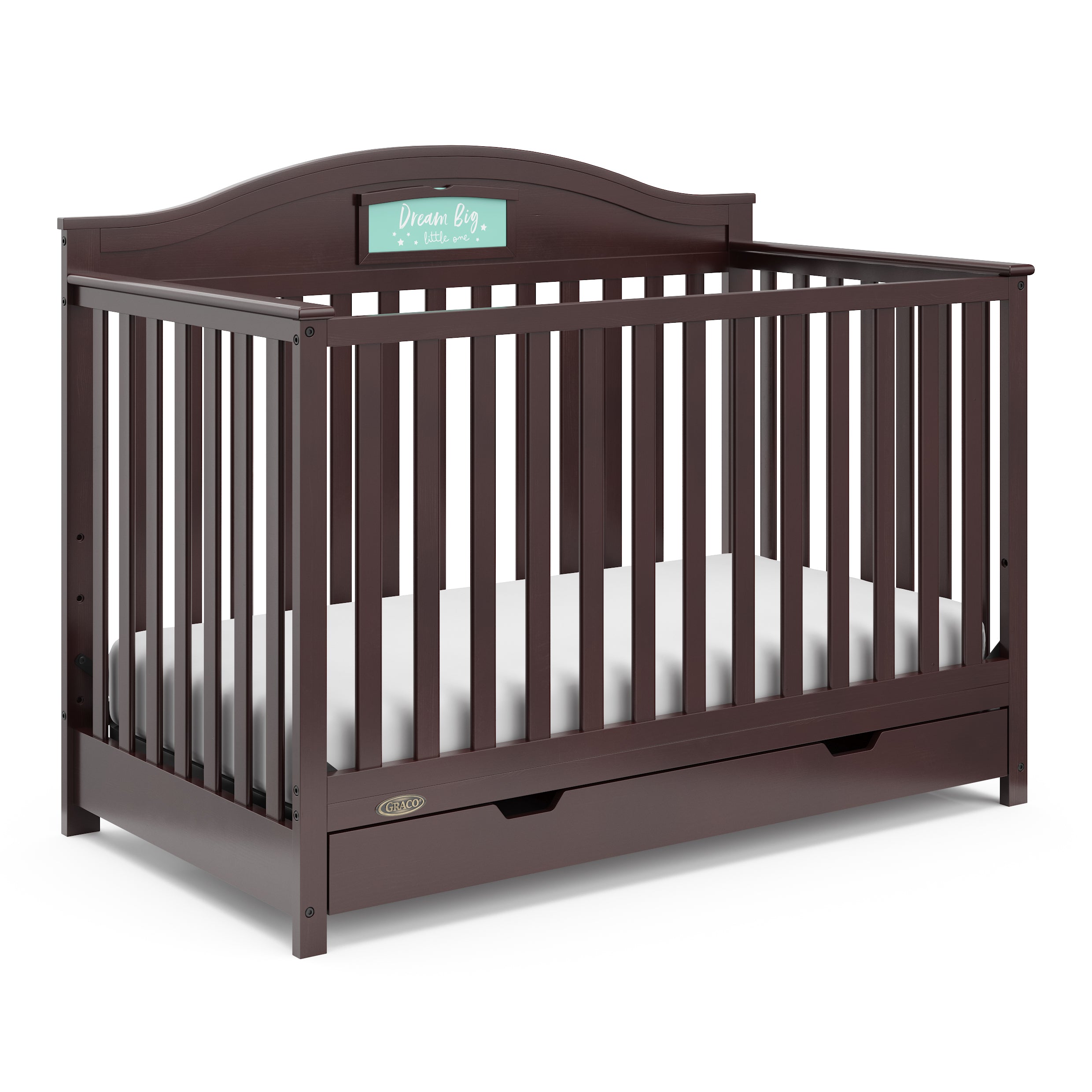 espresso crib with drawer angled