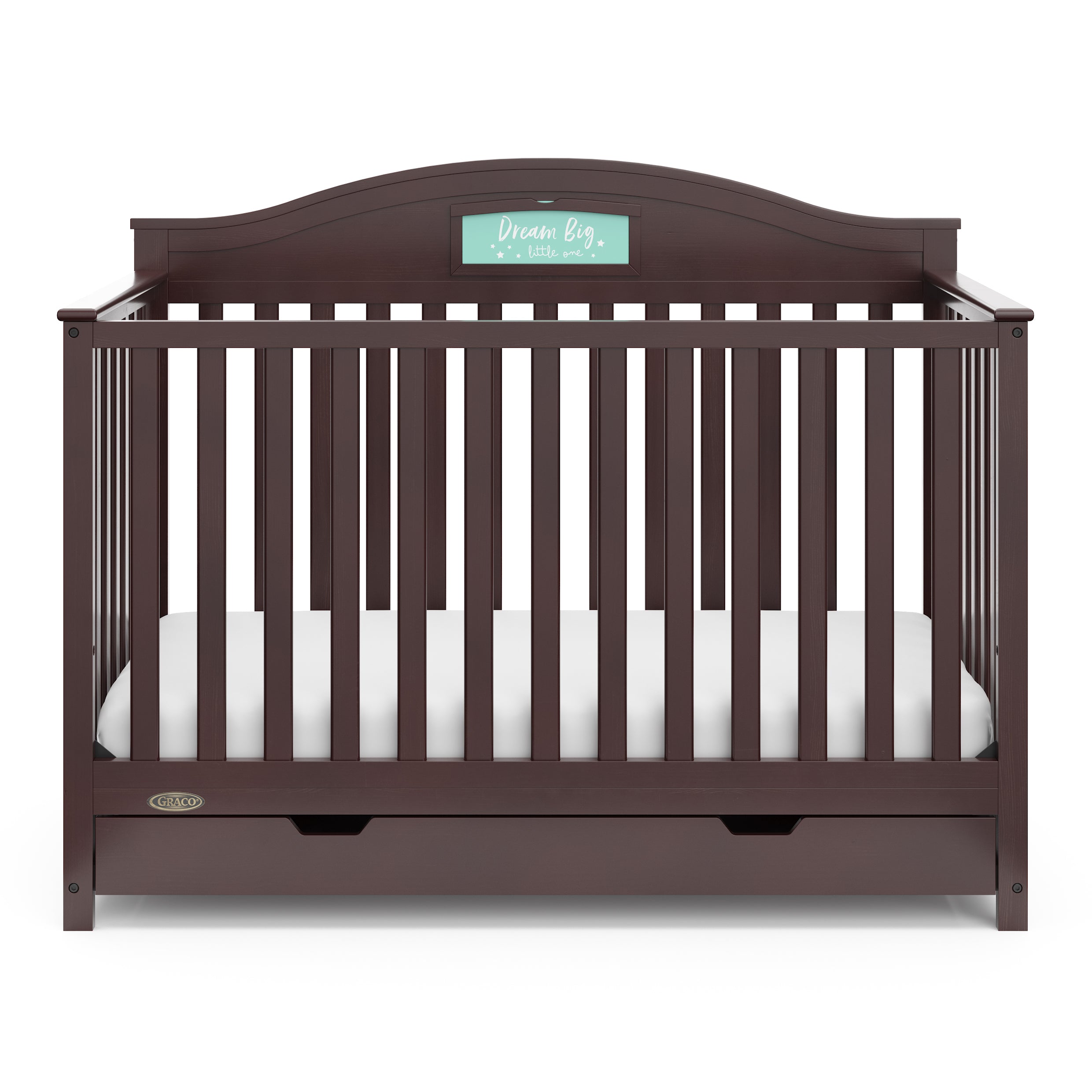 Front view of espresso crib with drawer