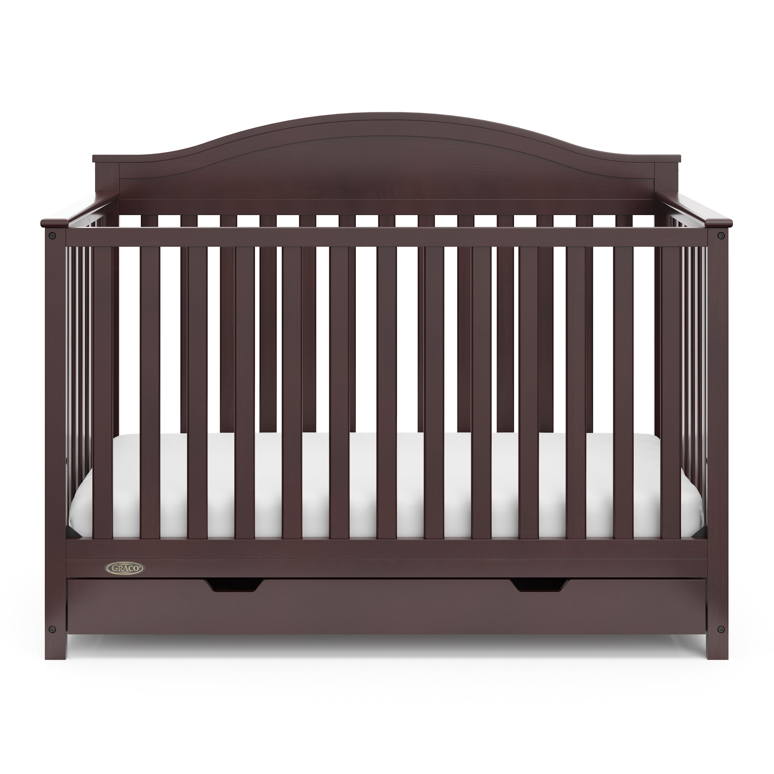espresso crib with drawer angled