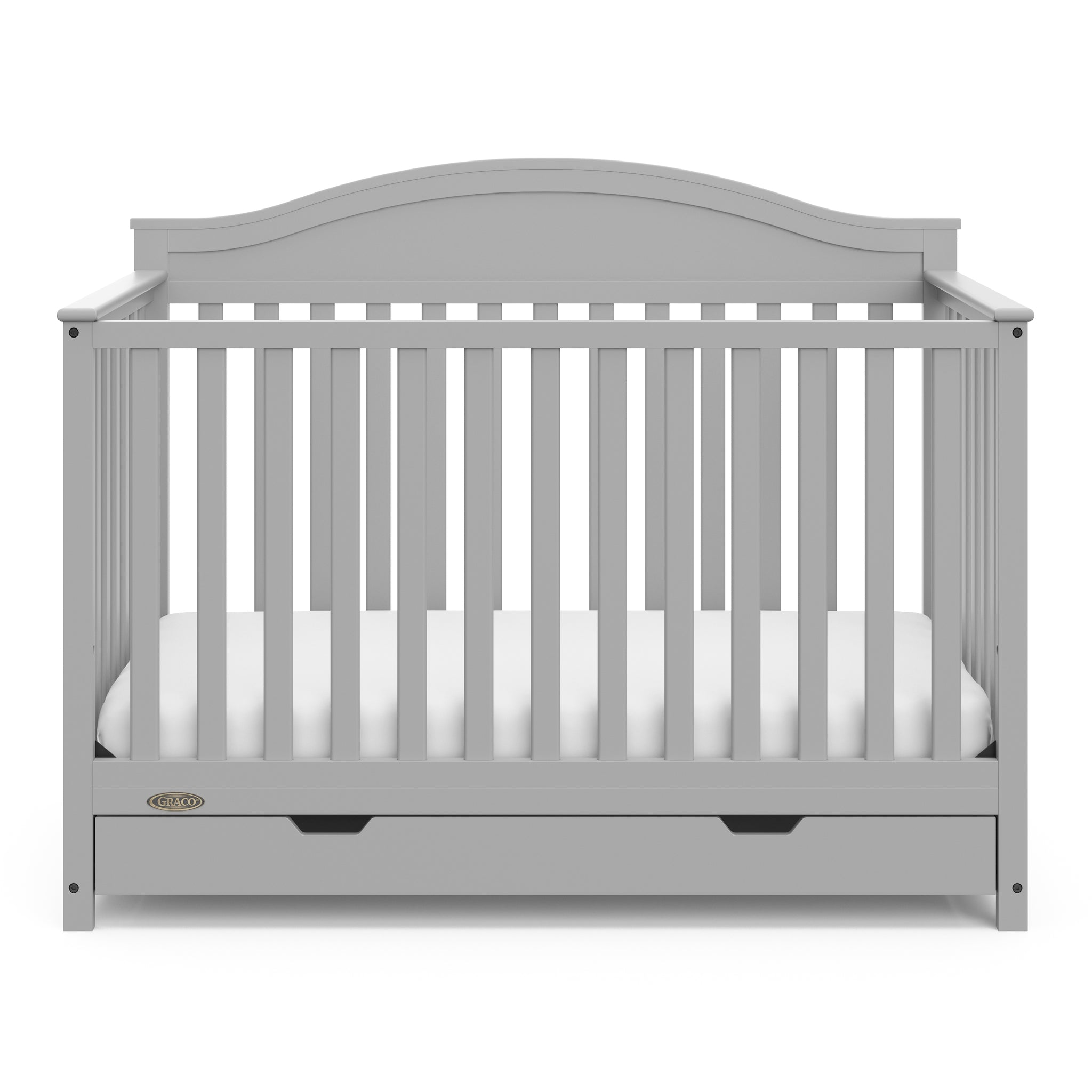 Front view of pebble gray crib