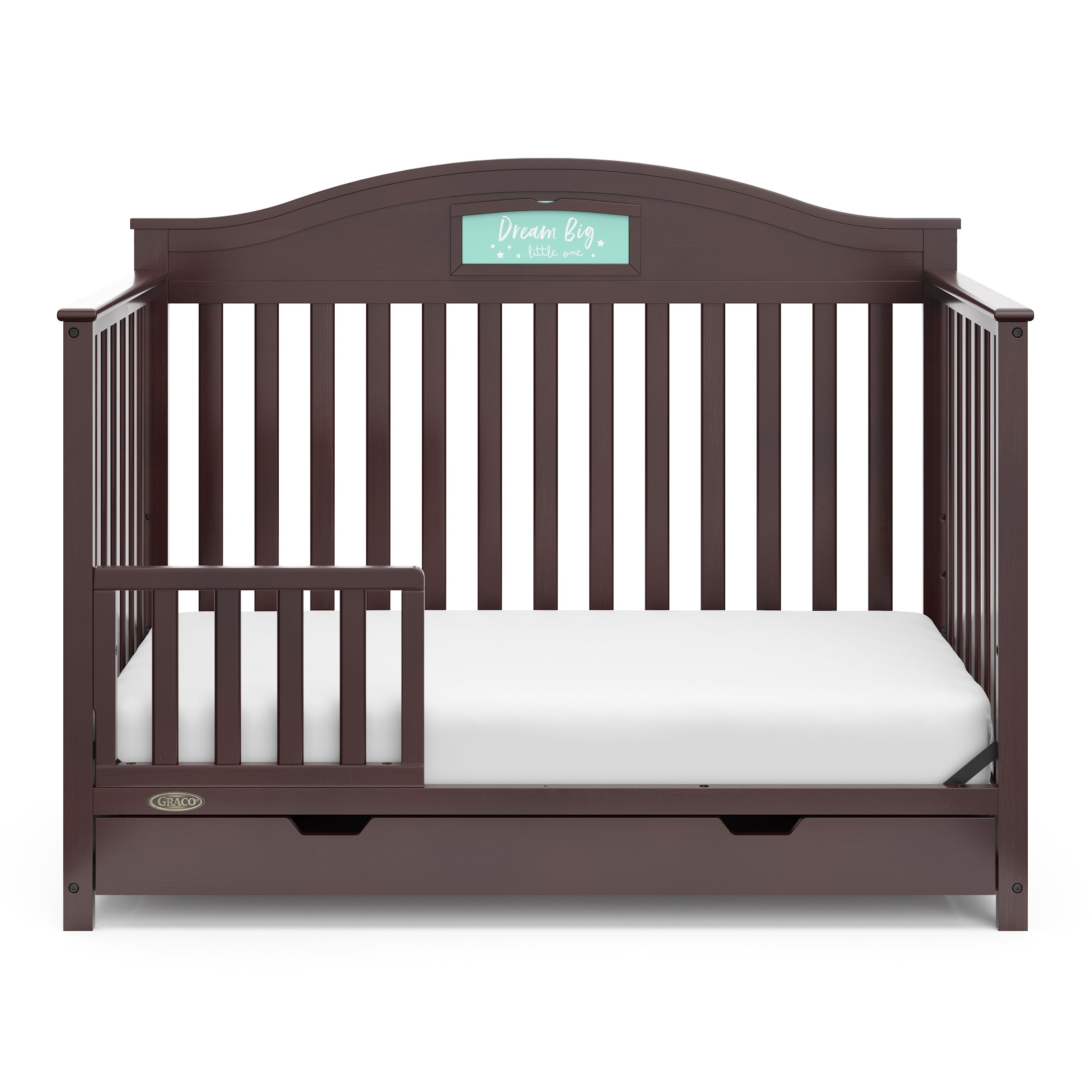 espresso crib with drawer in toddler bed conversion with one safety guardrail