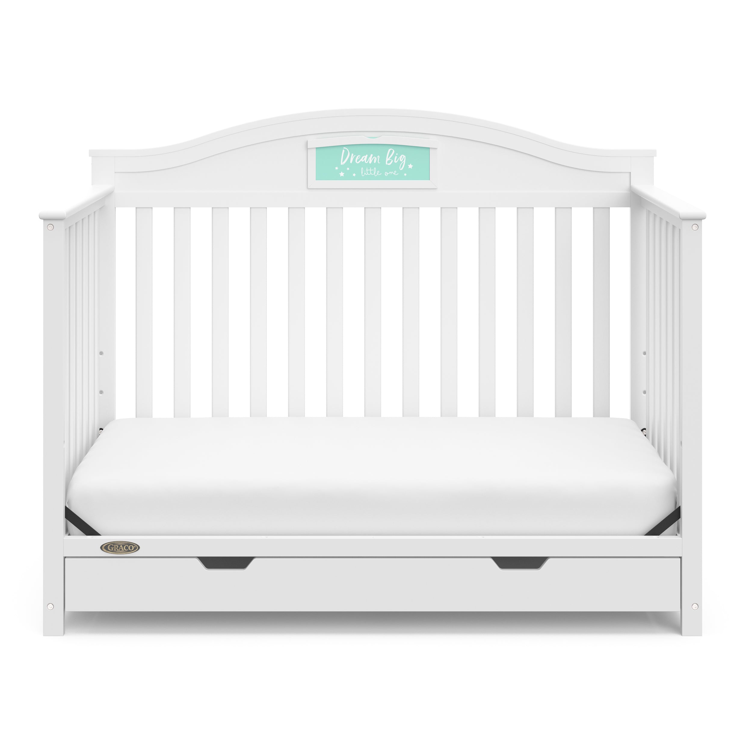 White crib with drawer in toddler bed conversion